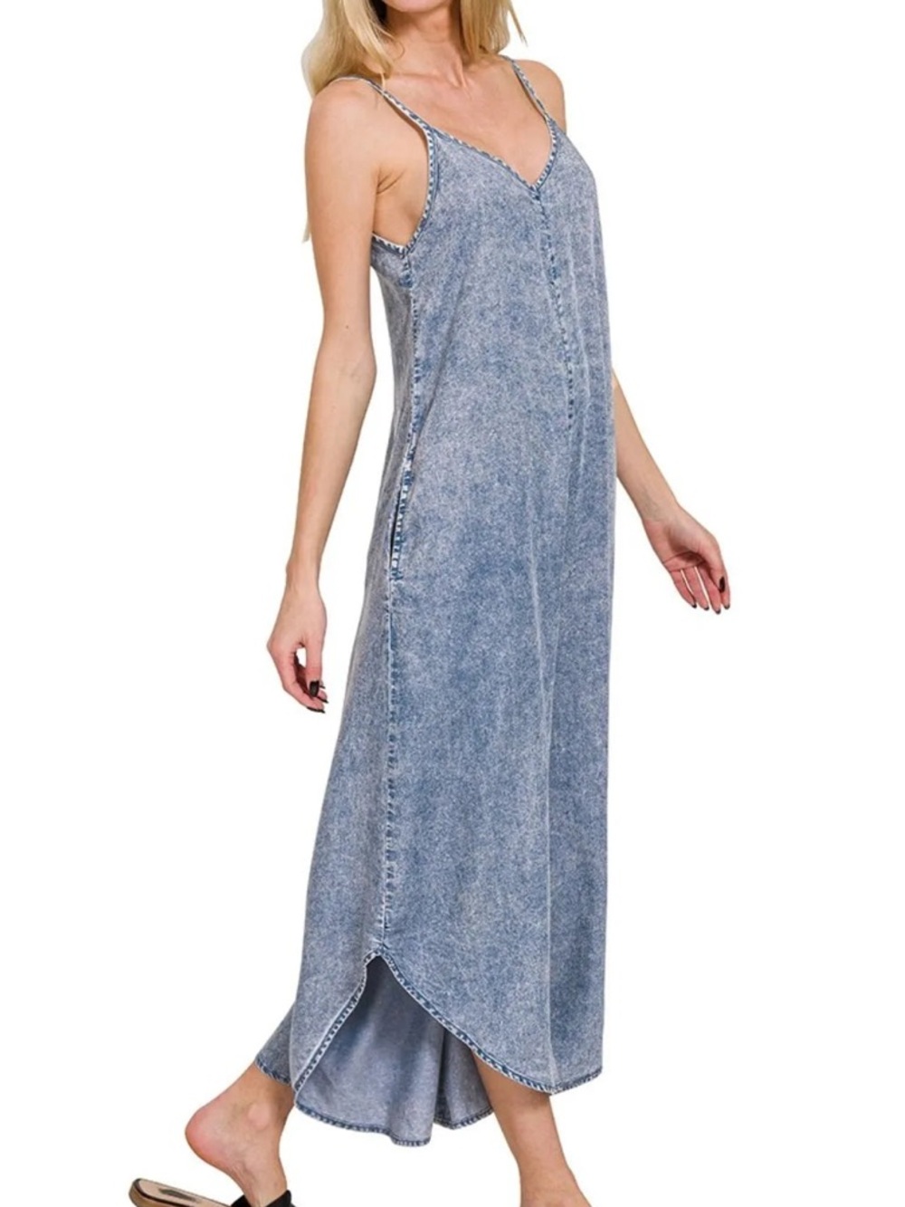 NEW🖤Zenana Lyocell Acid-Washed Jumpsuit Small Blue - Picture 2 of 3